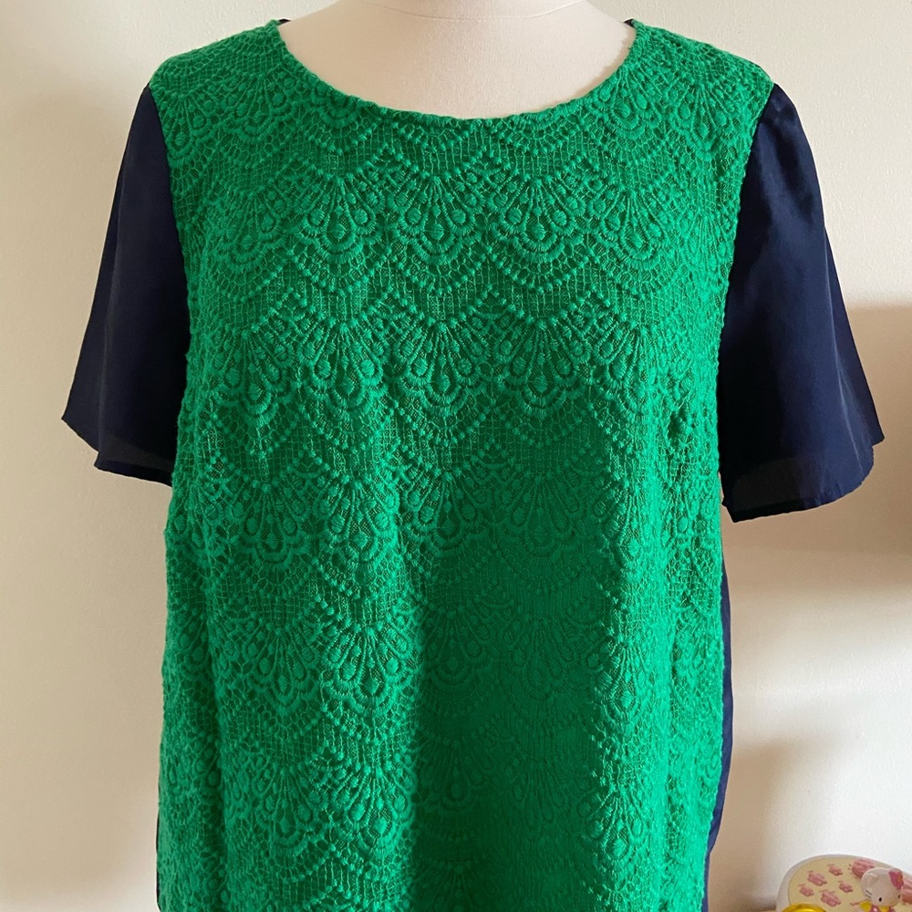 J Crew Green and Blue Panel Lace Blouse